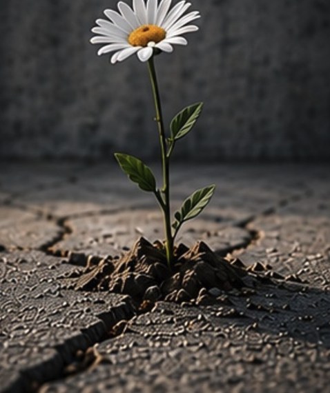 A daisy growing through cracked asphalt