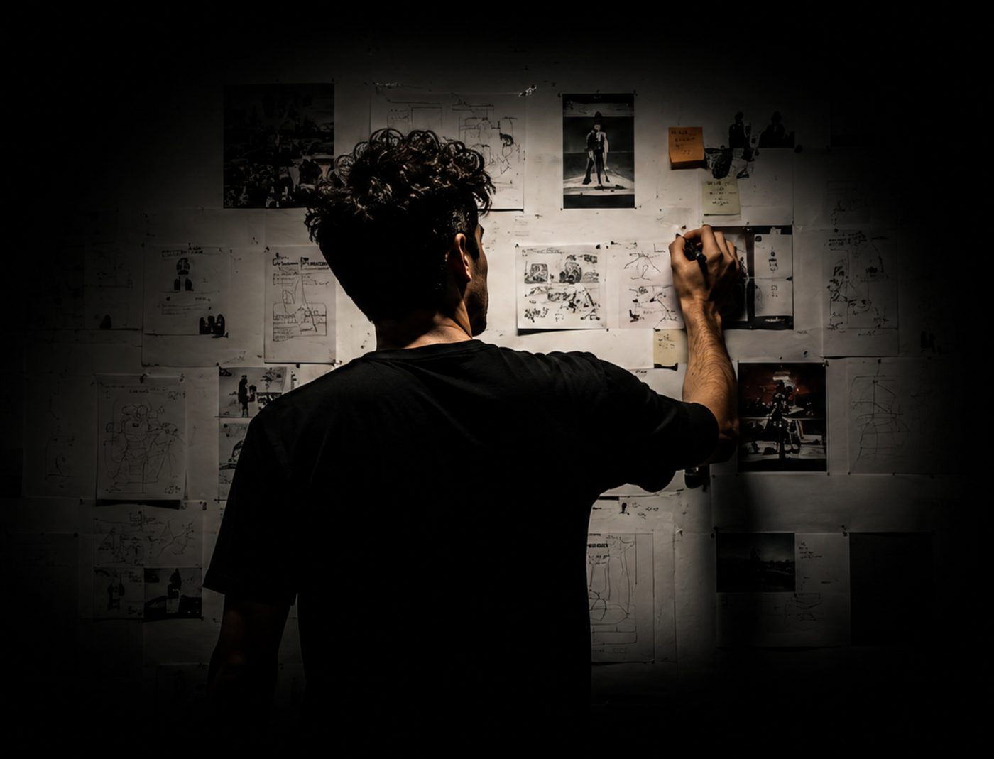 A designer pinning sketches and references on a wall